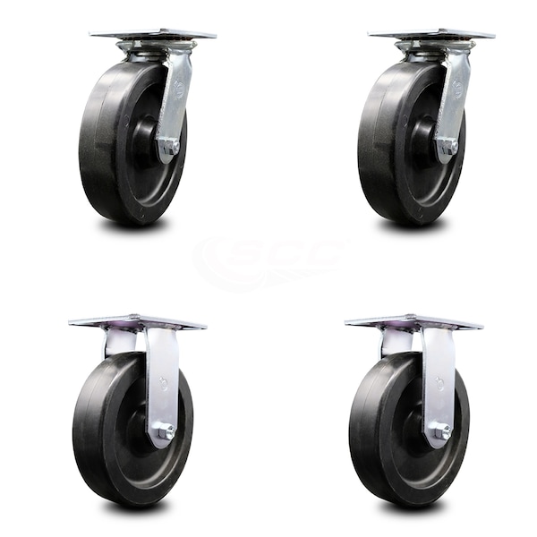 8 Inch Polyolefin Caster Set with Ball Bearings 2 Swivel 2 Rigid